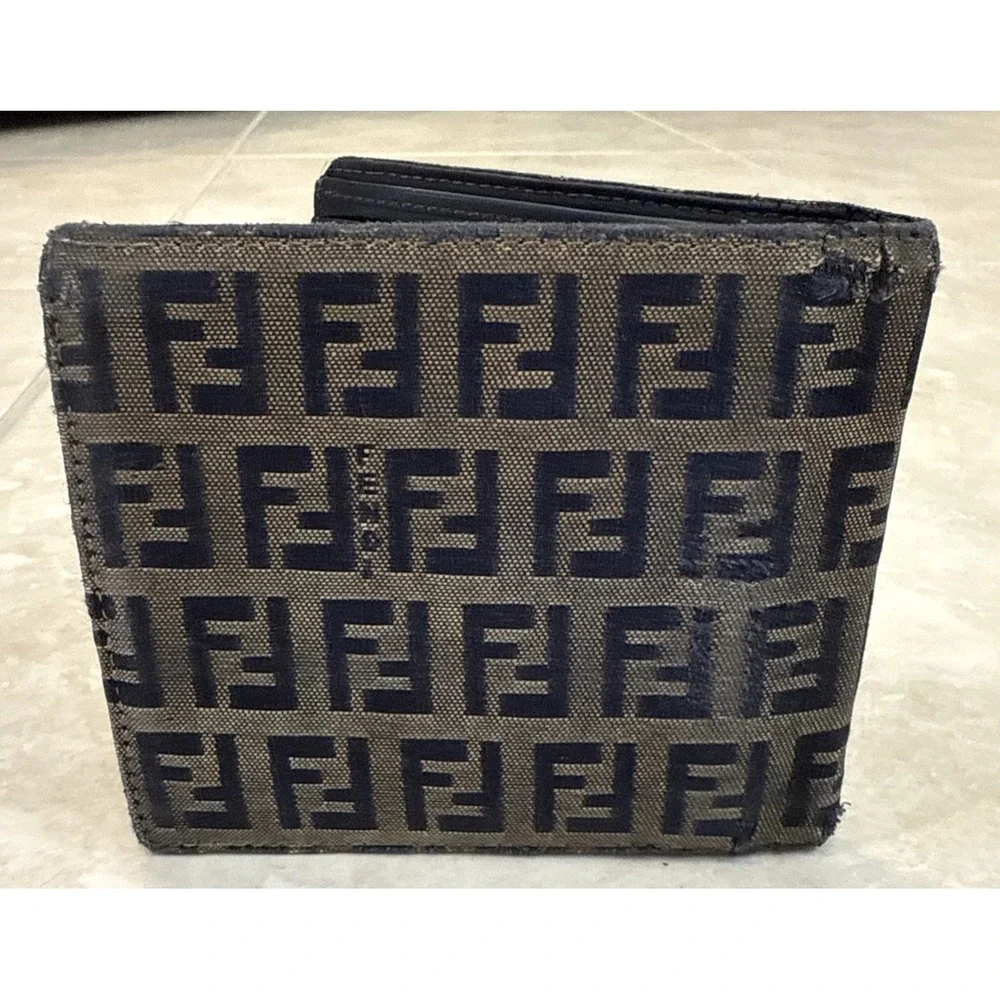 VTG Fendi Zucca‎ Monogram Bifold Logo Wallet Brown Canvas & Leather Italy *See